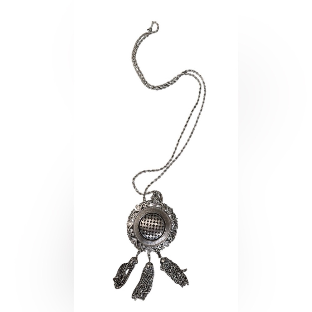 #723 Usner Vintage Long Silver-Tone Medallion Tassel Necklace